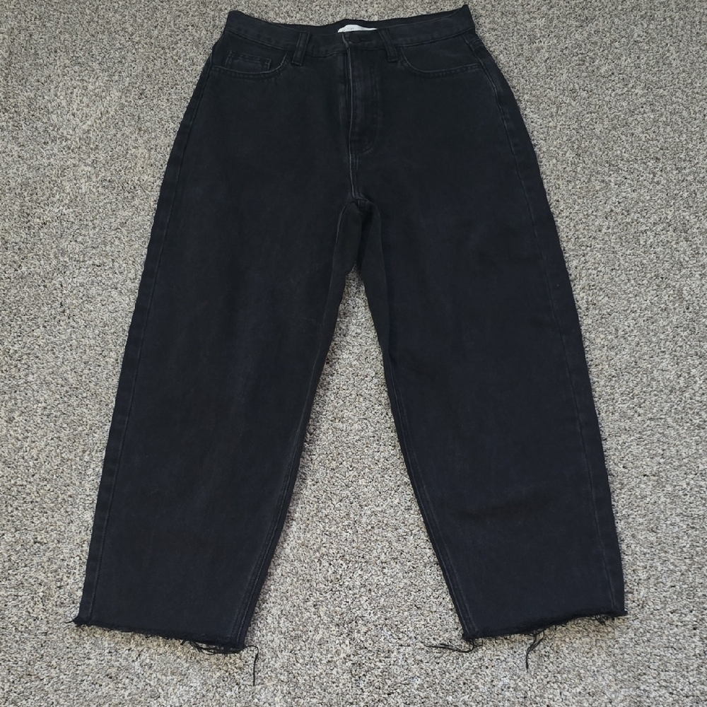 OAK + FORT ● WOMENS SIZE 28 | LOOSE FIT BLACK 100% COTTON WIDE LEG CROPPED JEANS